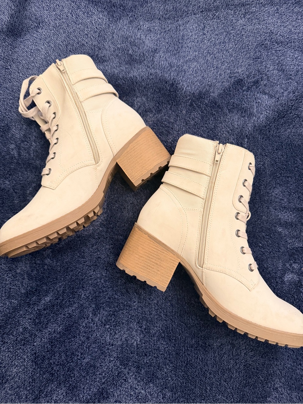Fergie Cream Lace-Up Block Heel Ankle Booties Never worn.